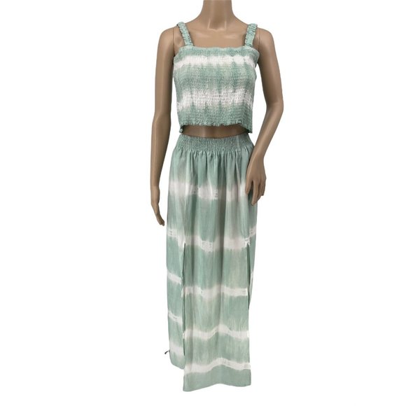 Ananta crop top maxi skirt small 2 piece set tie dye green white smocked - Picture 1 of 12